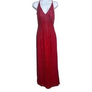 Scala Red Silk Beaded Plunge Neckline Dress Gown NWT Sz. PM